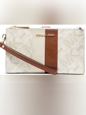 NWT Michael Michael Kors Jet Set Logo Double zip Vanilla/Luggage wristlet